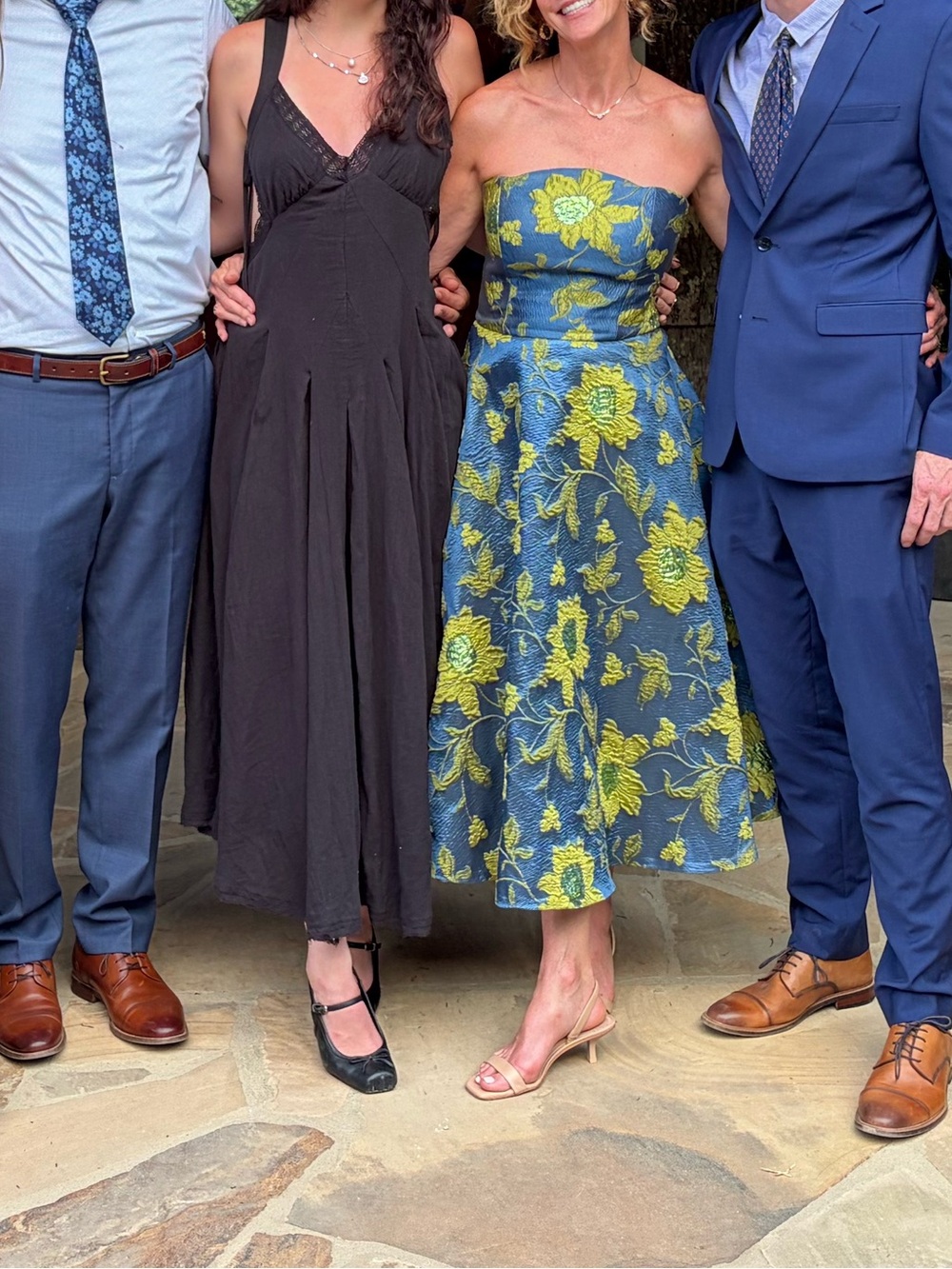 Theia Blue and Gold/Green Floral Strap Midi Dress